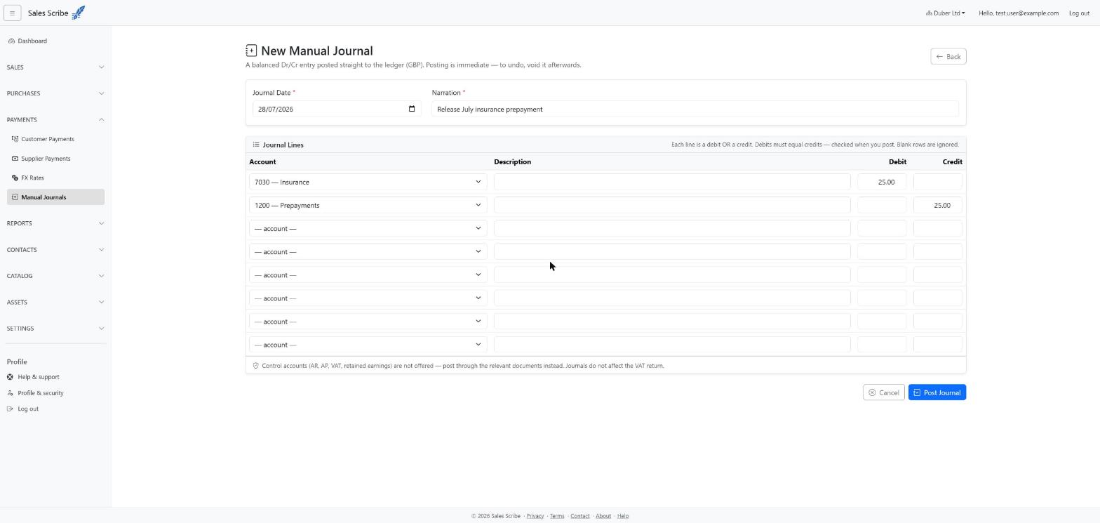New Journal form showing a balanced two-line entry with narration