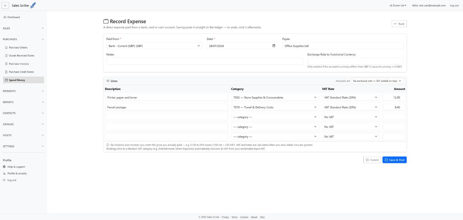 Record Expense form with a bank account, payee and two lines filled in
