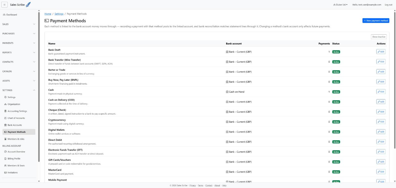 Payment Methods list showing the Name, Bank account, Payments and Status columns