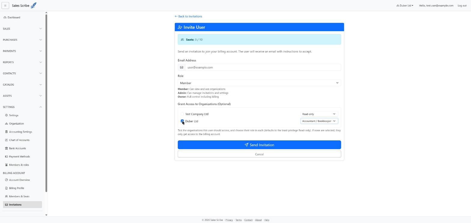 Invite User form showing the billing-account Role choice and the per-organisation role picker